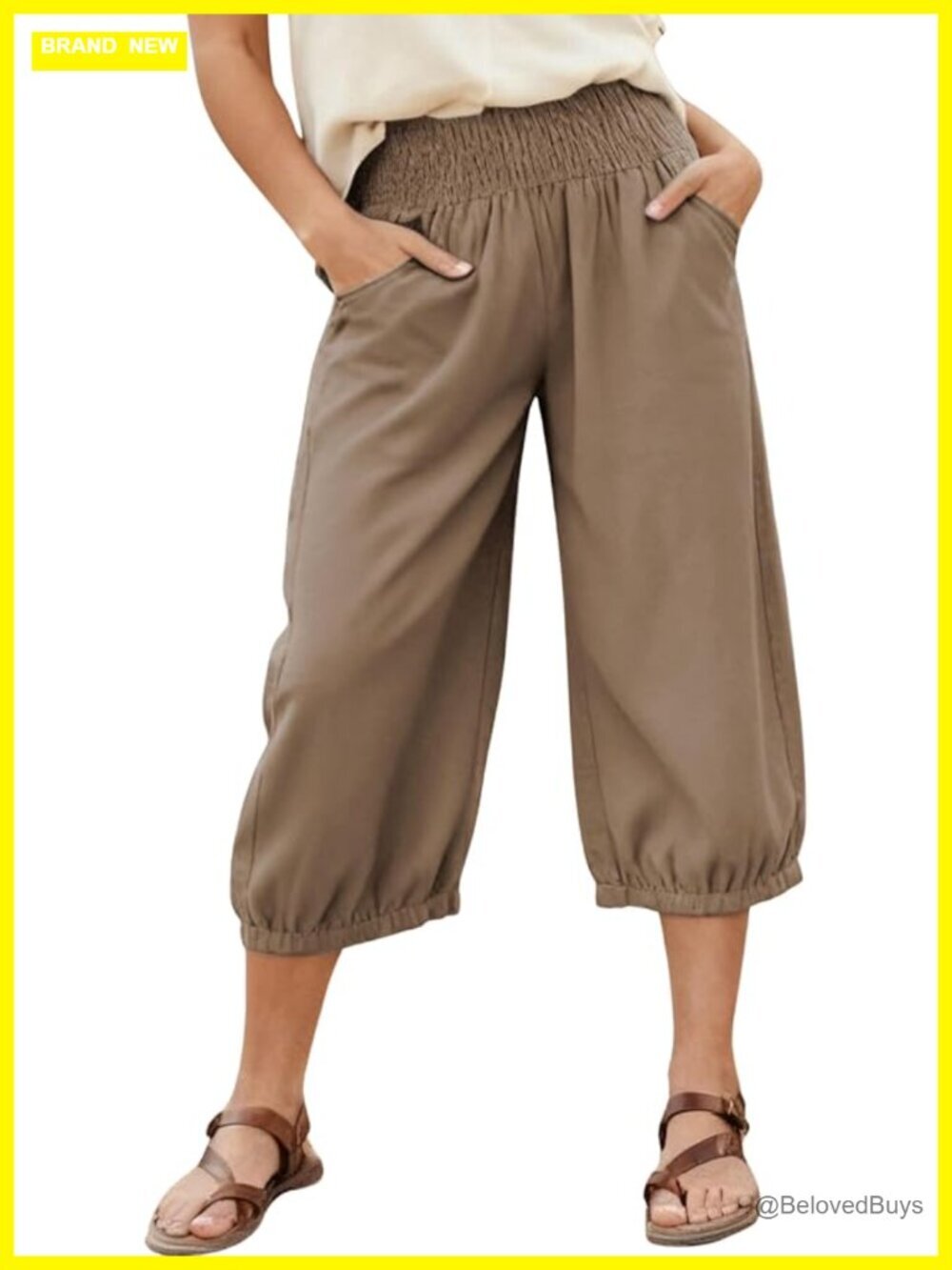 Wide Leg Capri Linen Pants Cropped Beach Trousers with Pockets